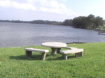 Picnic table by lake
